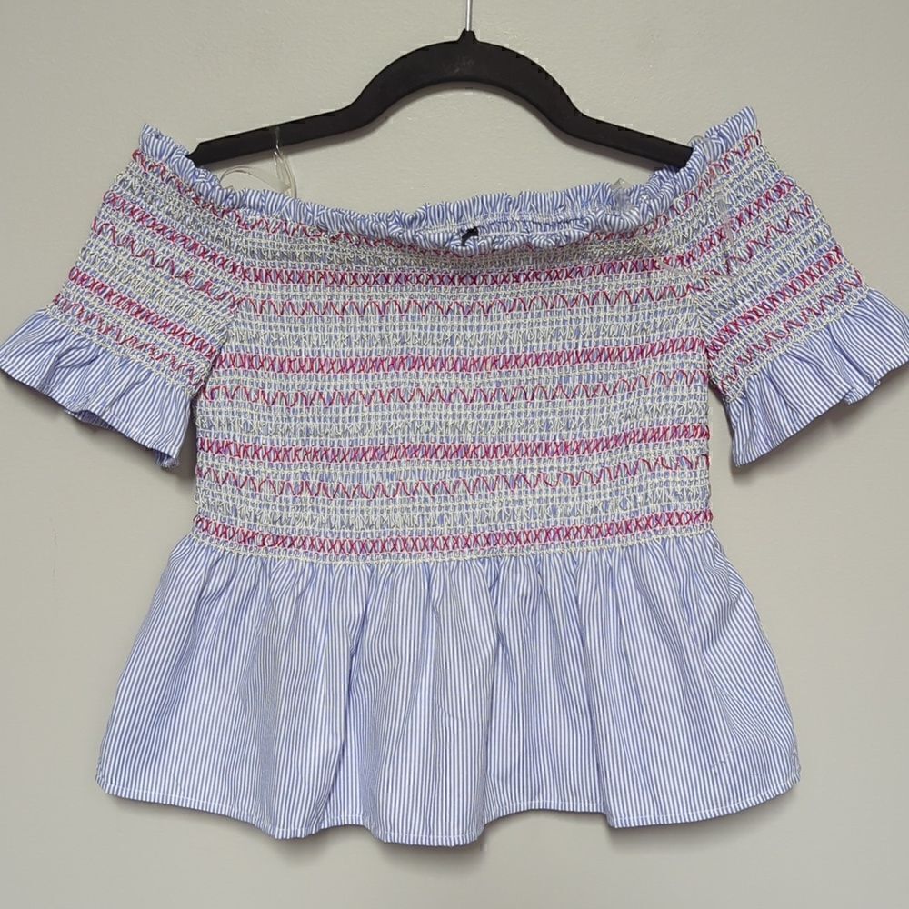 Style Envy Blue Off the Shoulder Smocked Blouse NWT